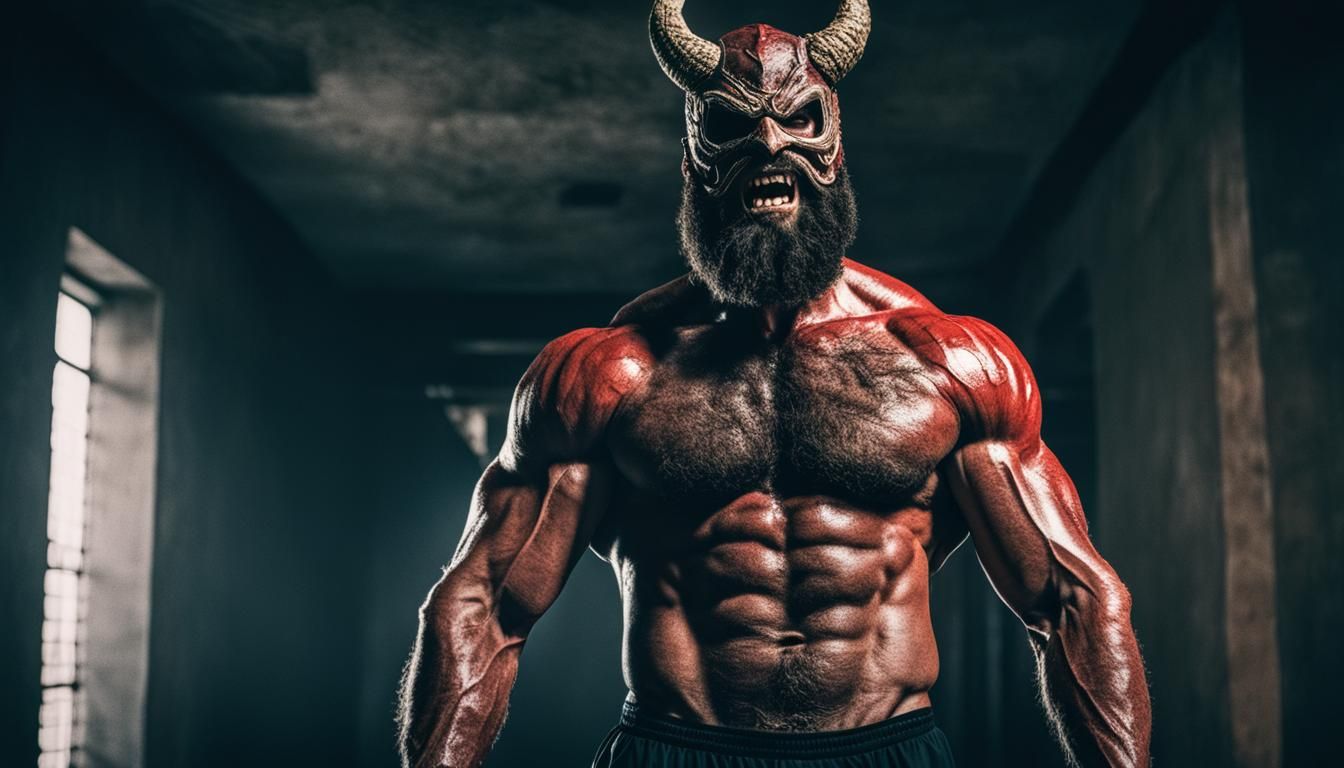 Muscular Bearded Man with Devil Mask in Cinematic Style