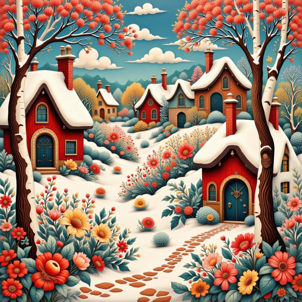 Khokhloma Village in Winter: A Folk Art Nouveau Scene