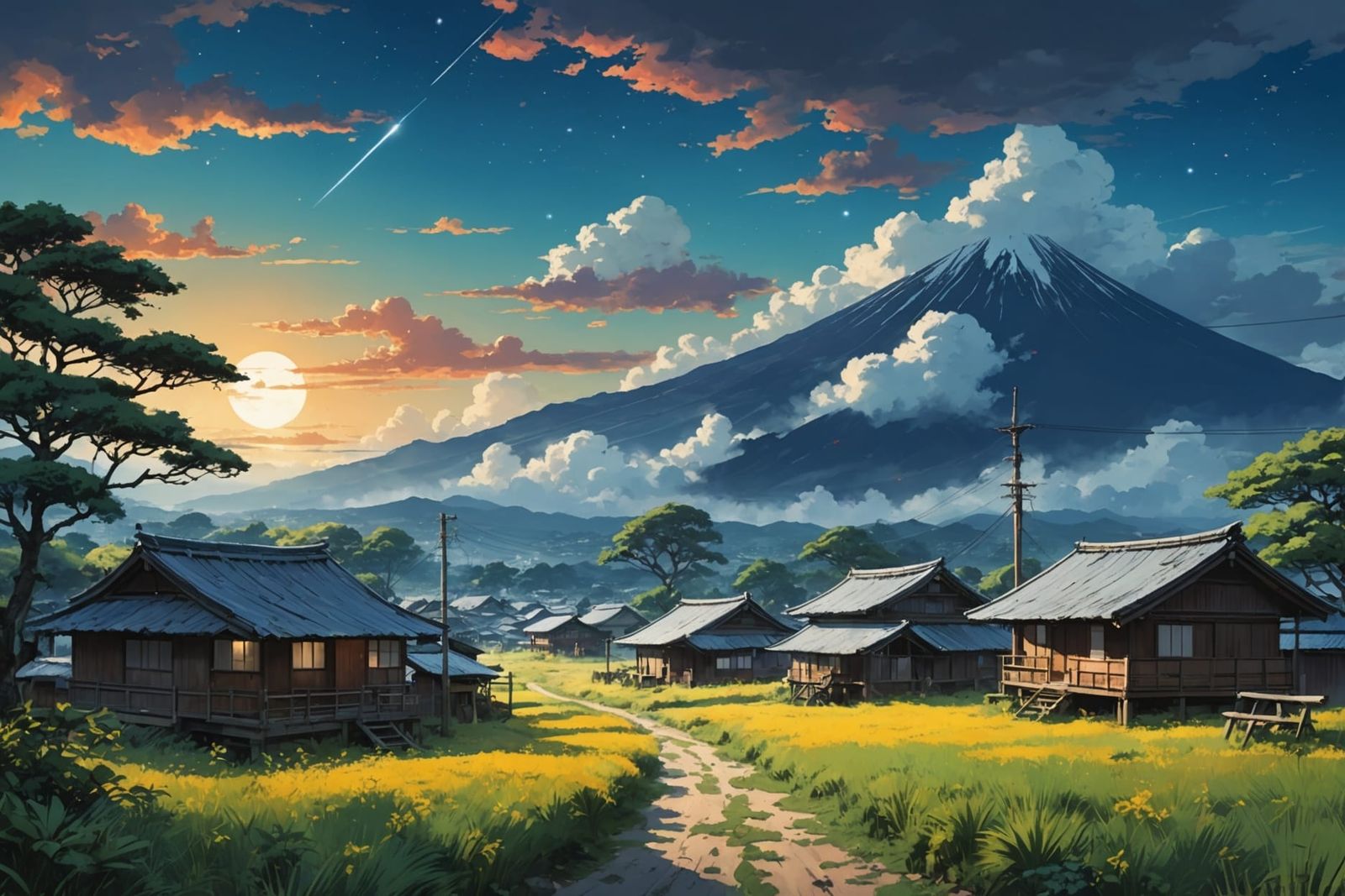 Japanese Village in Manga Style Under Nebula Sky