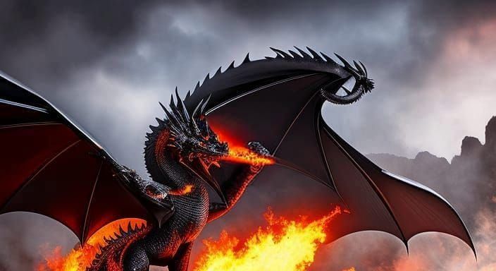 Epic Fire-Breathing Black Dragon in Fantasy Setting