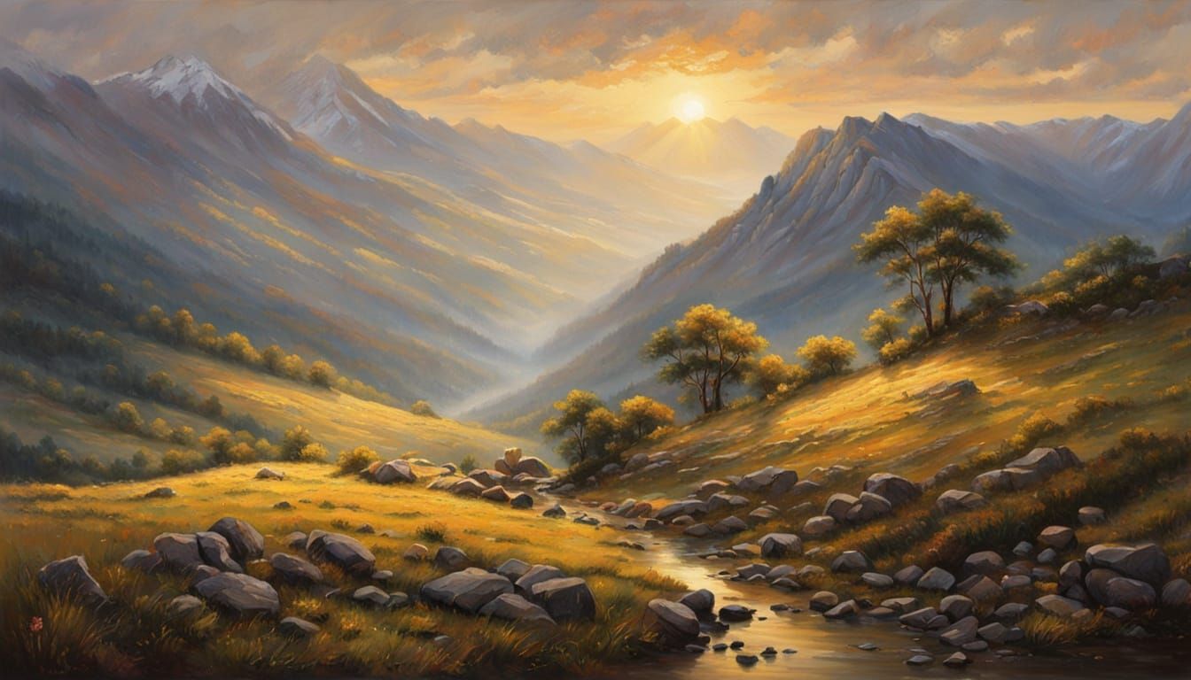 Mountain Daybreak: Oil Painting in Gurney Style