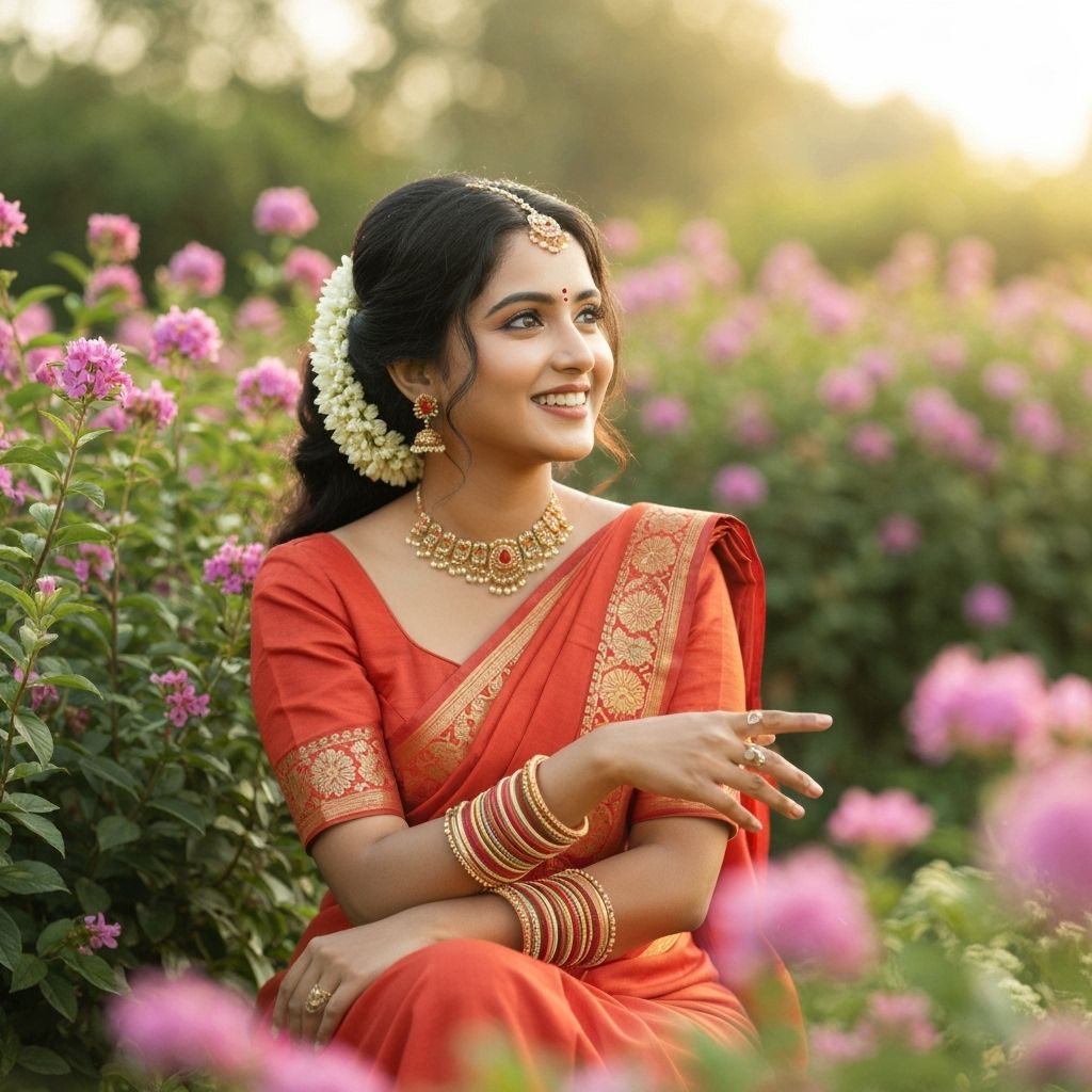 Smiling Indian Woman in Ghibli-Style Garden