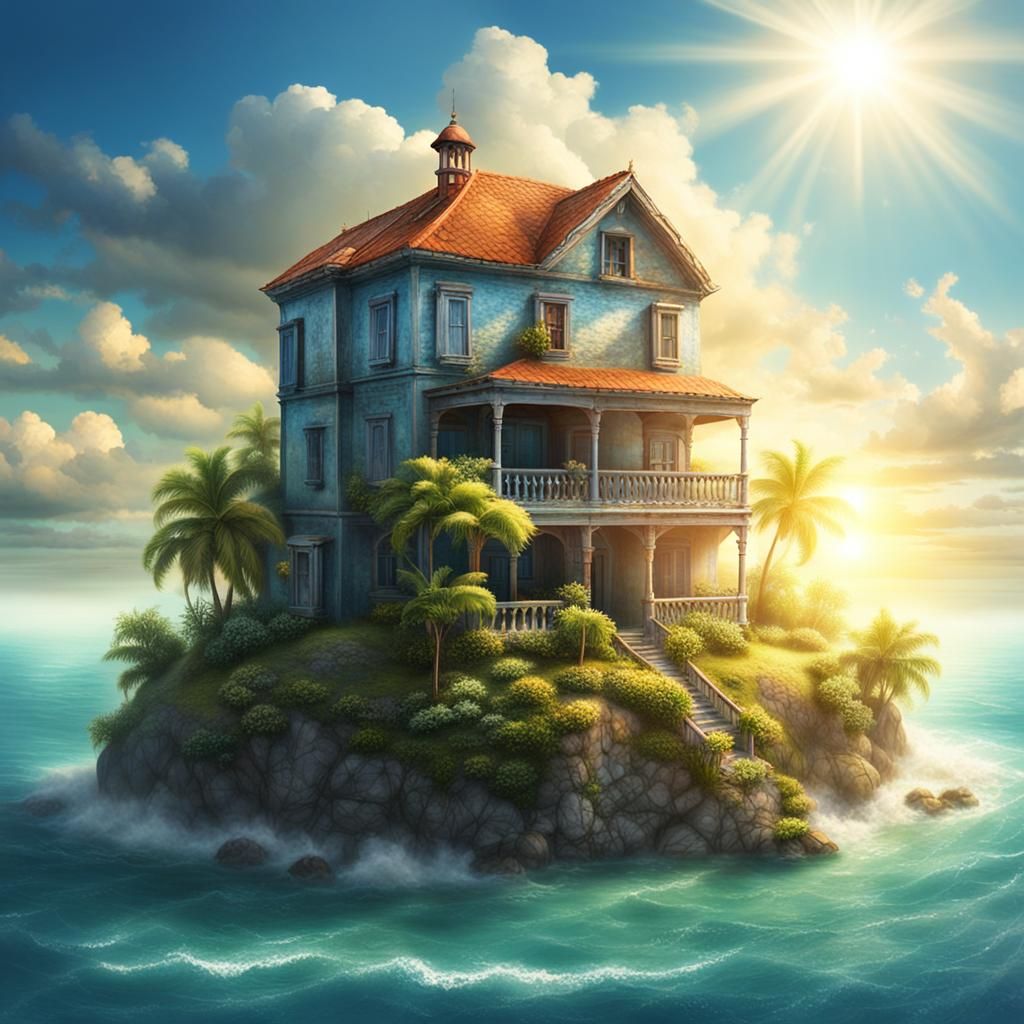 Rickety House on Island Bathed in Light