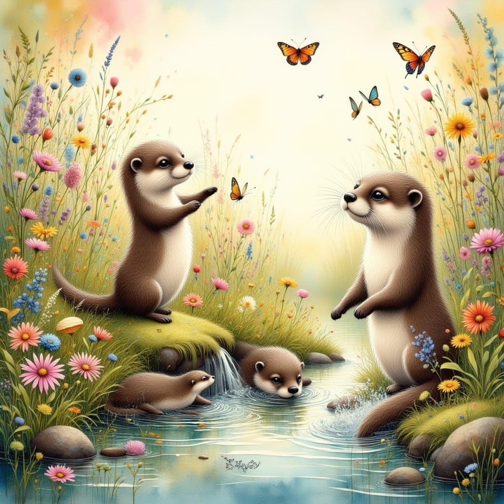 Playful Otter Pups Frolicking in Sunny Meadow, Fantasy Carto...