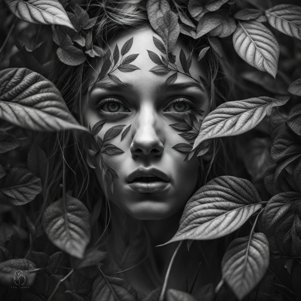 Foliage Beauty: Grayscale Double Exposure Portrait