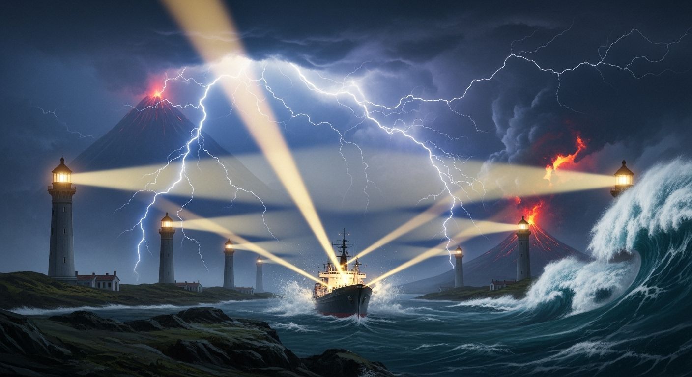 Ship in Storm Surrounded by Lighthouses