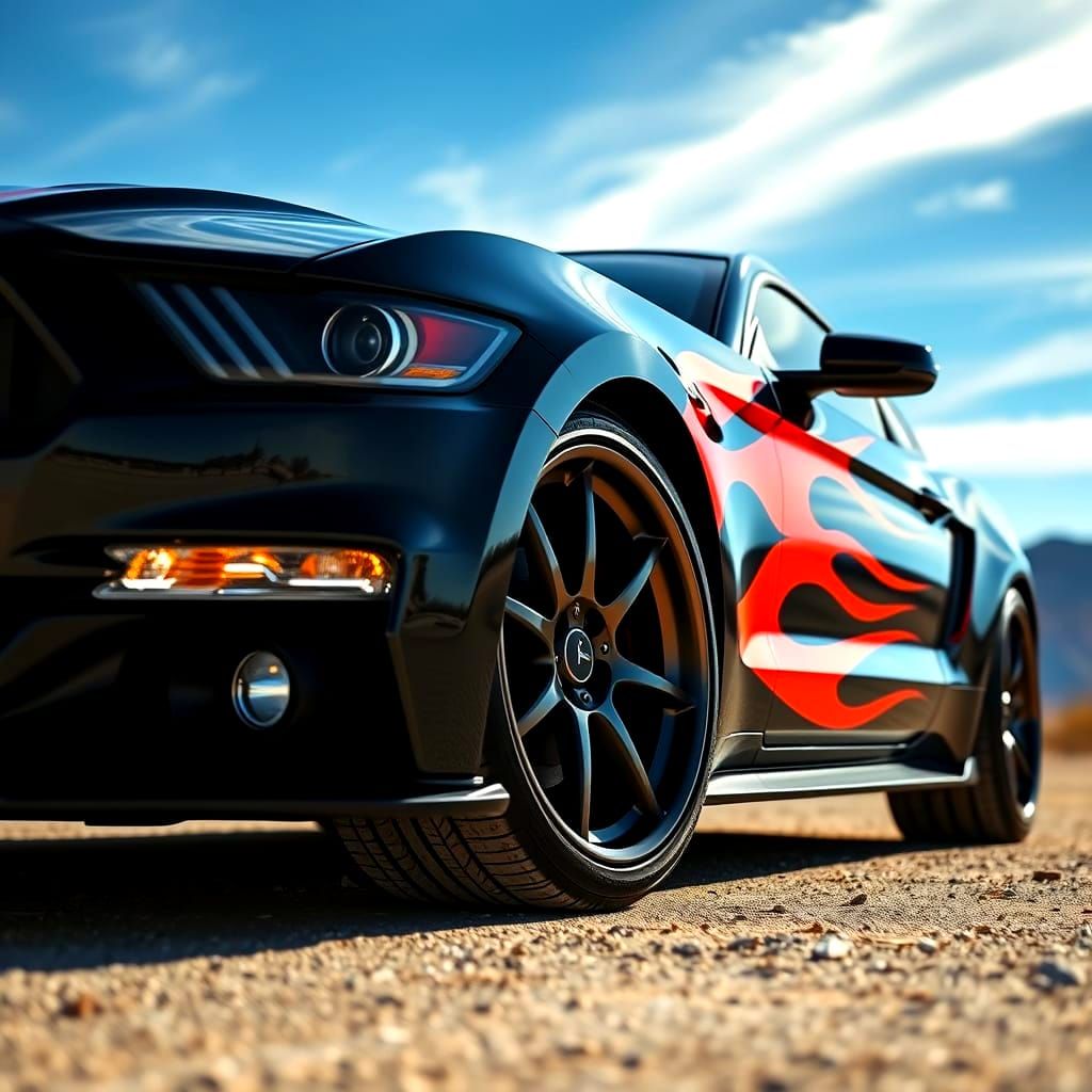 Black Ford Mustang with Flames in Nevada Desert
