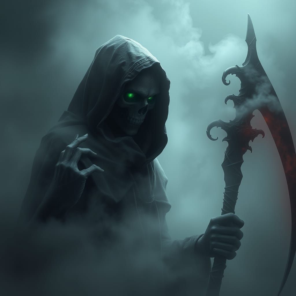 Ethereal Grim Reaper Emerging from Dense Fog