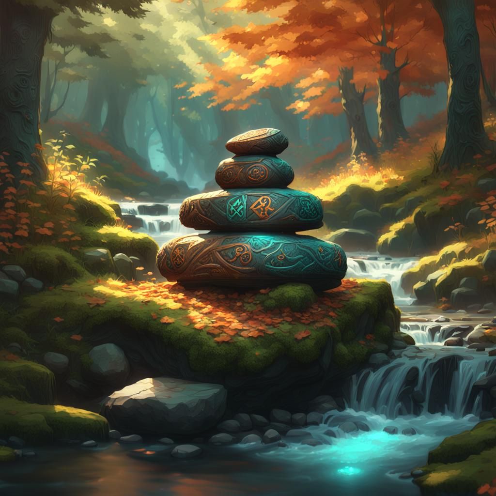 Cairn with Elven Runes by Wooded Stream