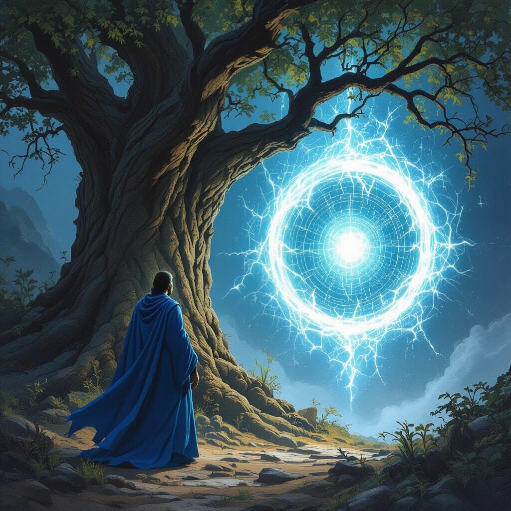 Man Beside Time Portal Tree in Dark Fantasy Style