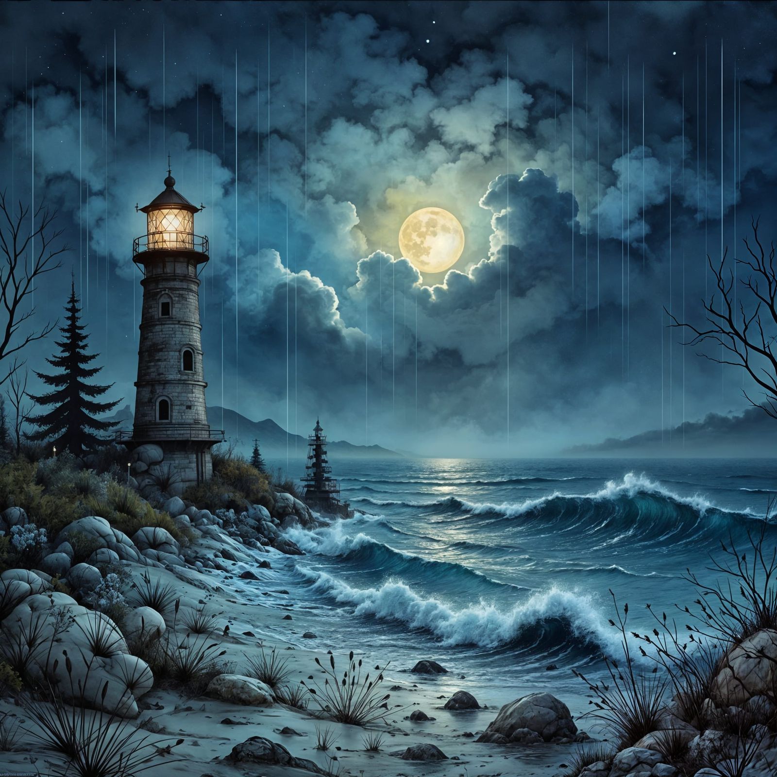 Midnight Lighthouse Under Dark Skies