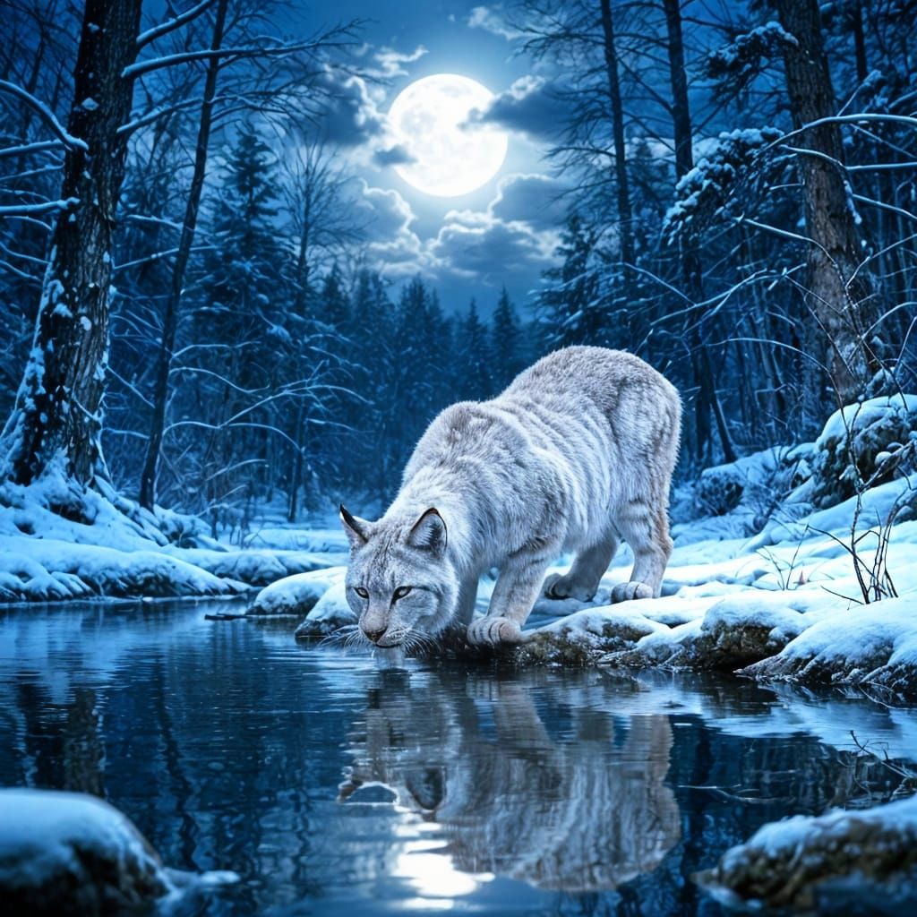 White Lynx Drinks Under Moonlit Winter Forest Sky