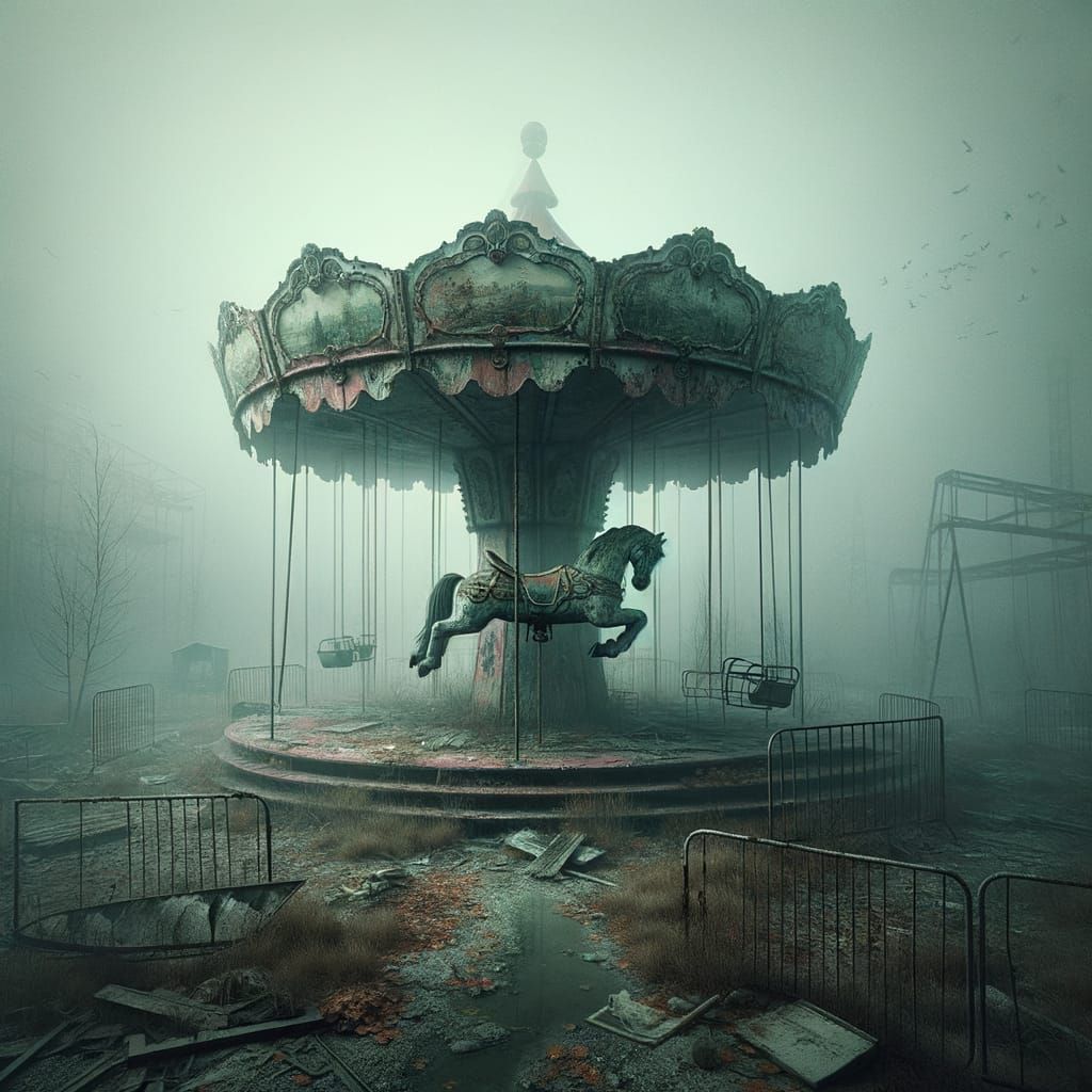 Dilapidated Carousel Horse in Misty Abandoned Park