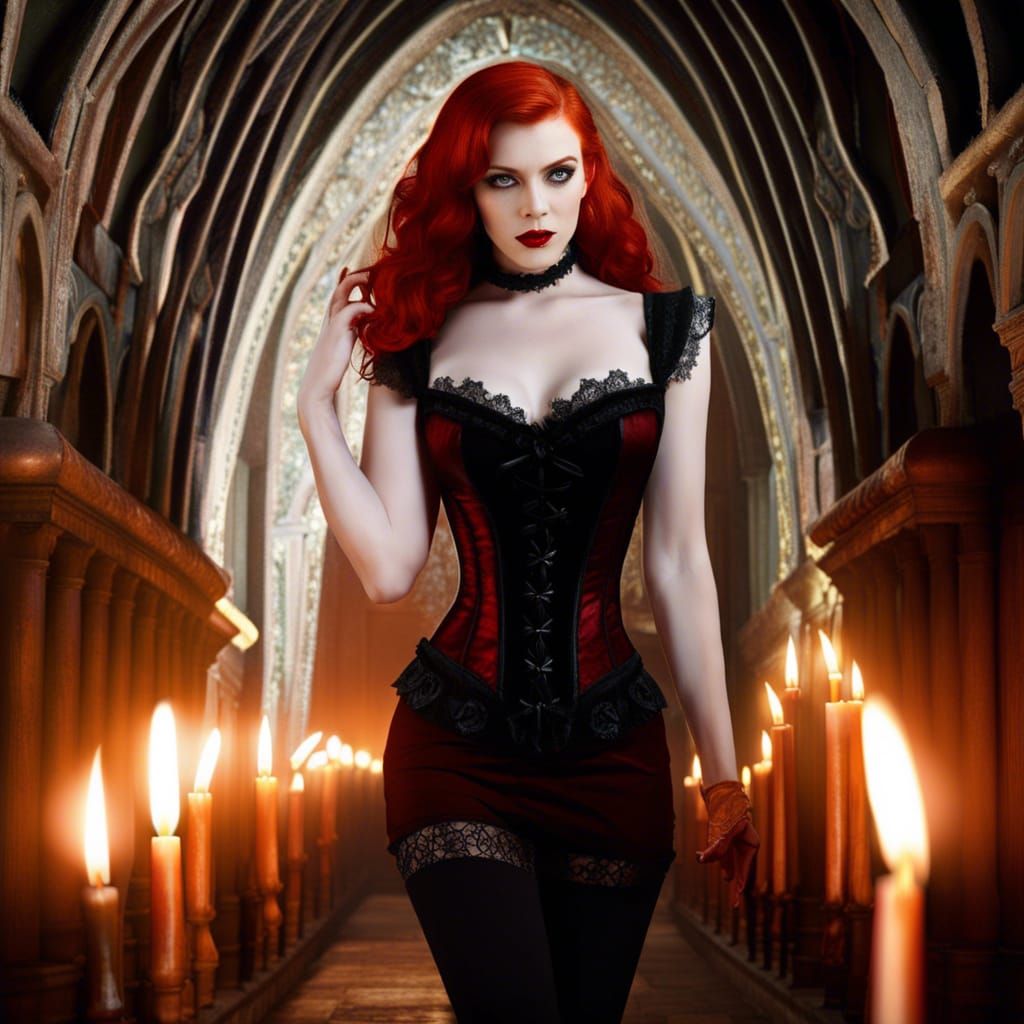 Redhead Vampire Walks Gothic Hallway in Hyperrealism