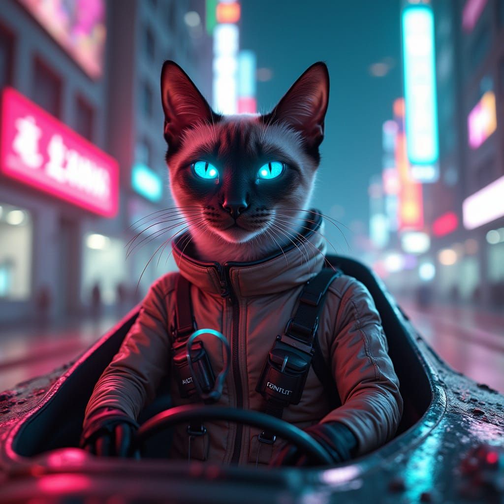 Cyberpunk Siamese Cat Piloting Spaceship