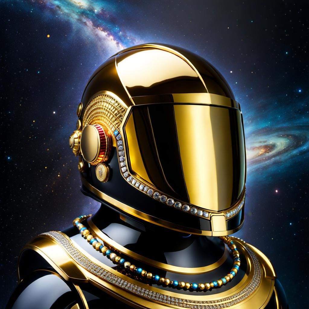 Futuristic Golden Helmet Reflecting Galaxy