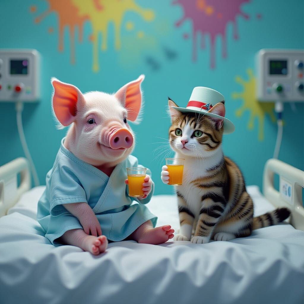 Pig and Cat Toasting in Hospital, Graffiti Art Style