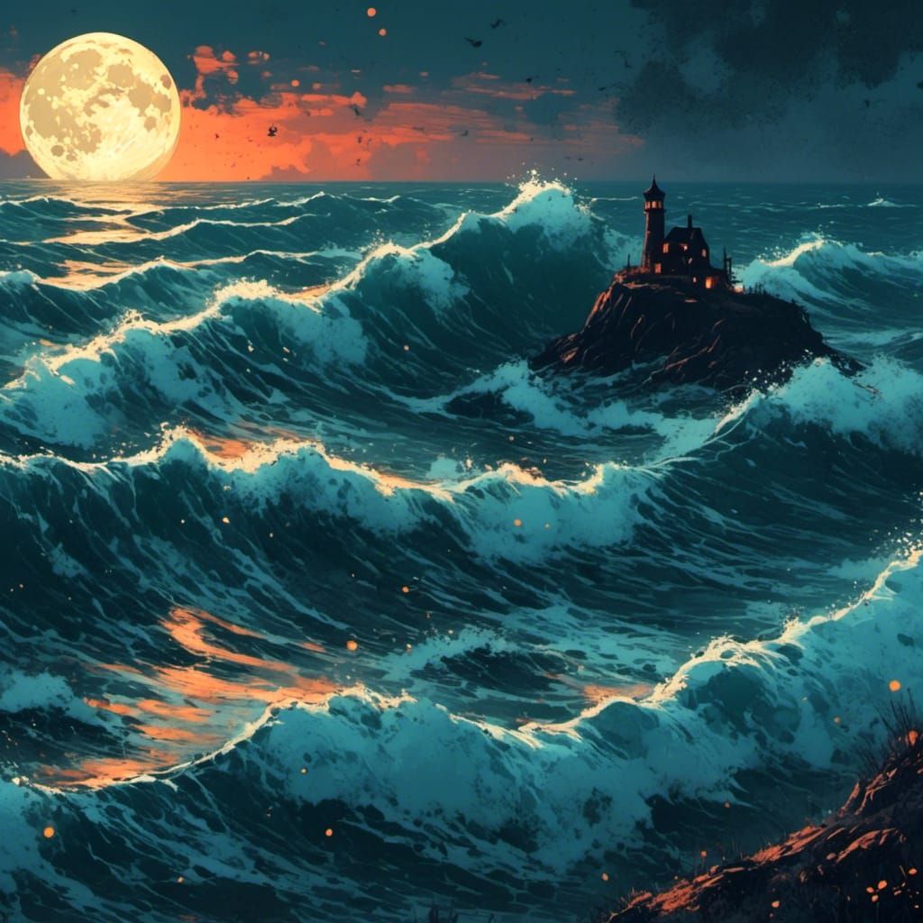 Moonlit Ocean Waves: Ethereal Nightscape