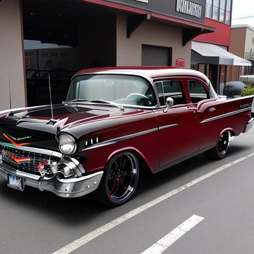 Black 1957 Chevy with Red Wheels