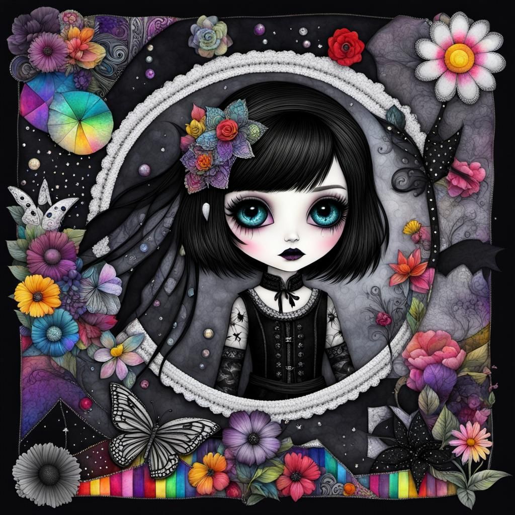 Surreal Chibi Goth Girl in Crayon Style