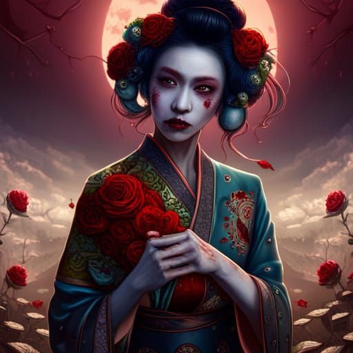 Creepy Zombie Geisha in Roses: Detailed Matte Painting