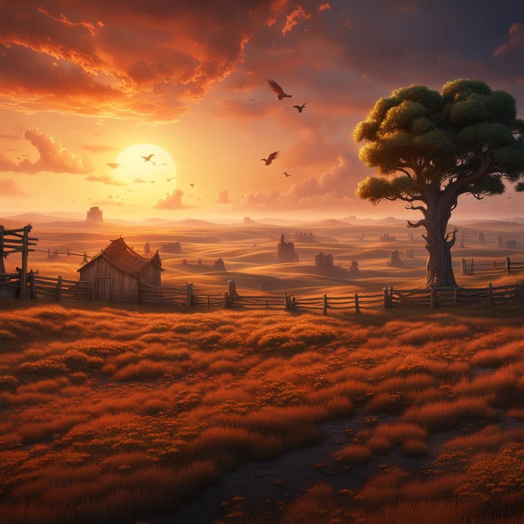 Sunset Over Rolling Plains: Detailed Matte Painting
