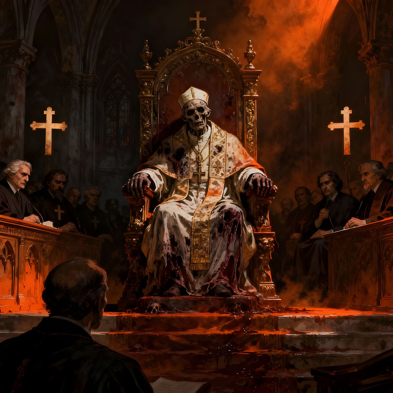 Deceased Pope on Throne, Church Trial in Dramatic Lighting