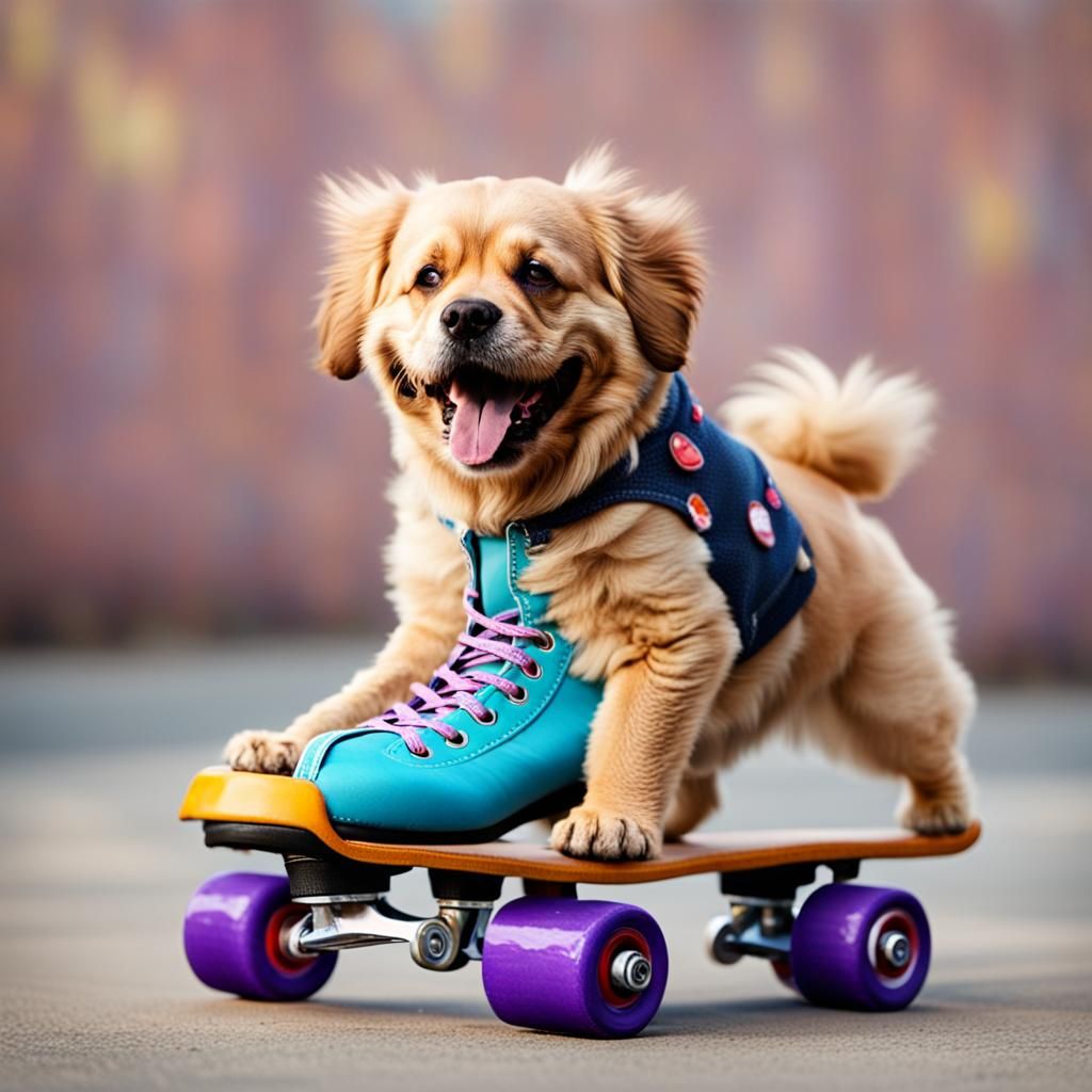 A Happy Dog Riding Rollerskates