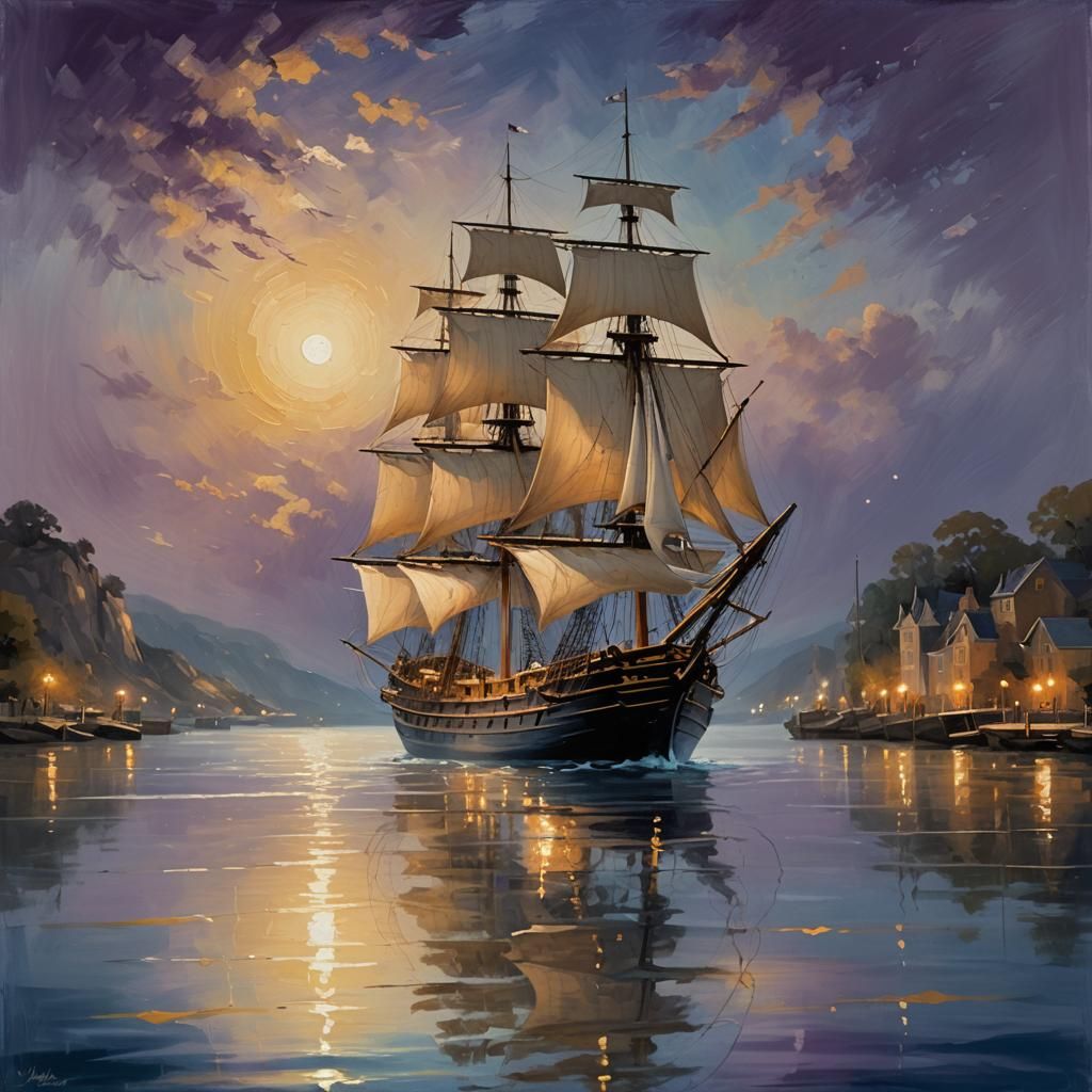 Moonlit Sailing Ship in Impressionist Style