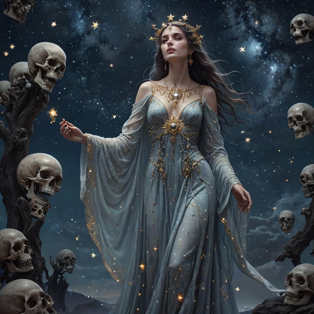 A celestial oracle stands upon a platform of skulls, her gaz...