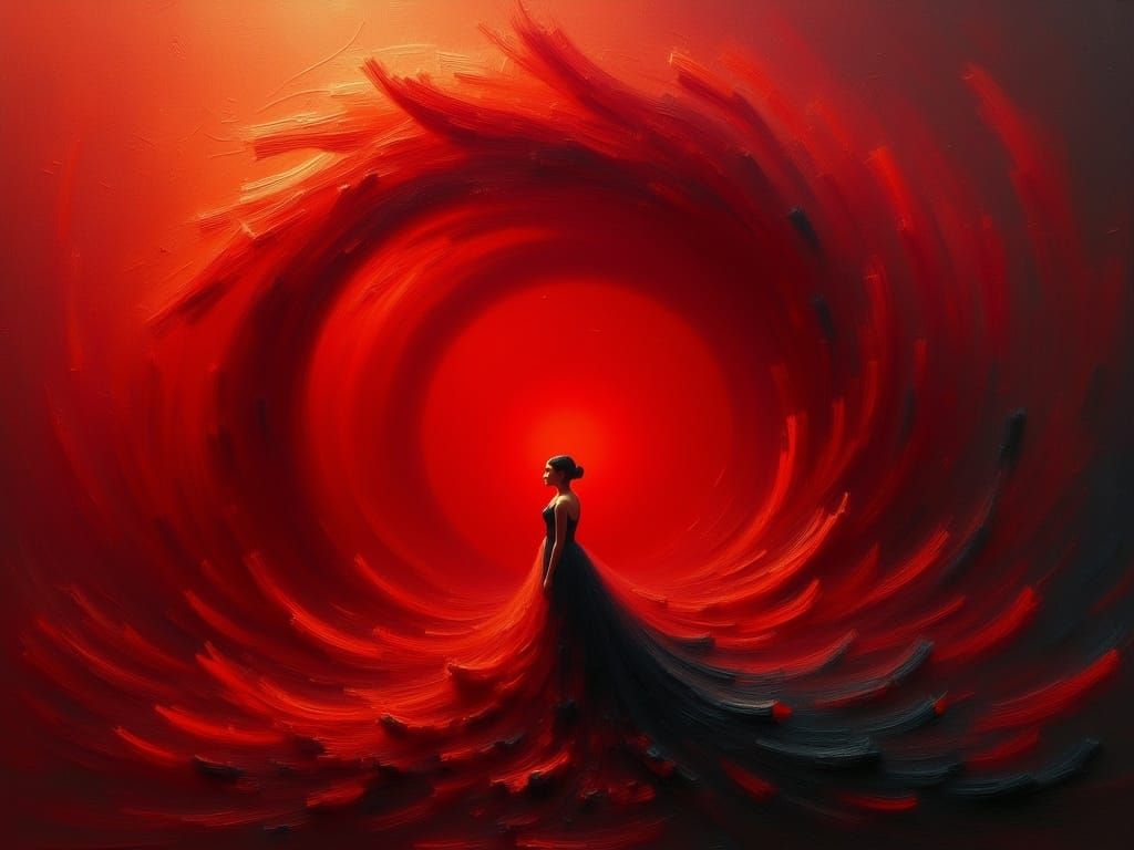 Fiery Red Gown Engulfs Tiny Ballerina in a Boundless Void