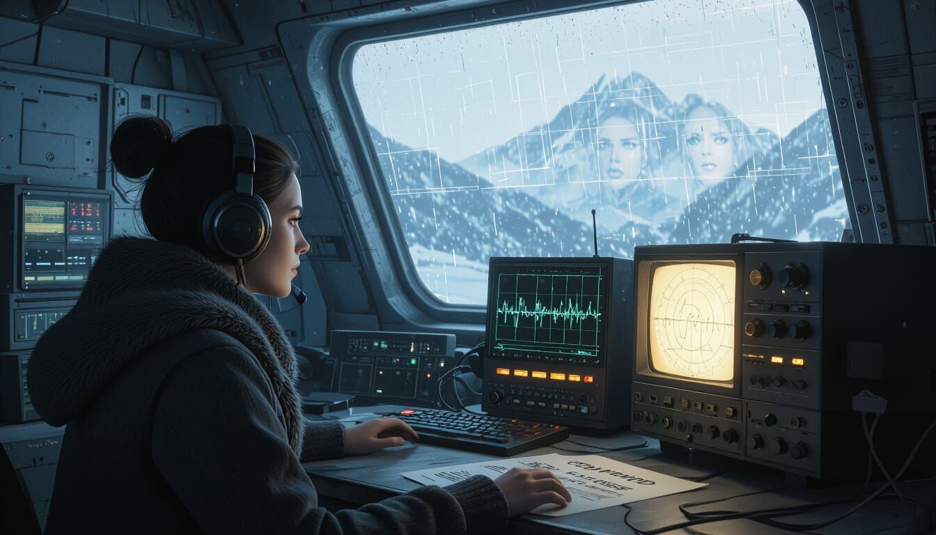 Woman in Cold Radio Station, Cinematic Photo