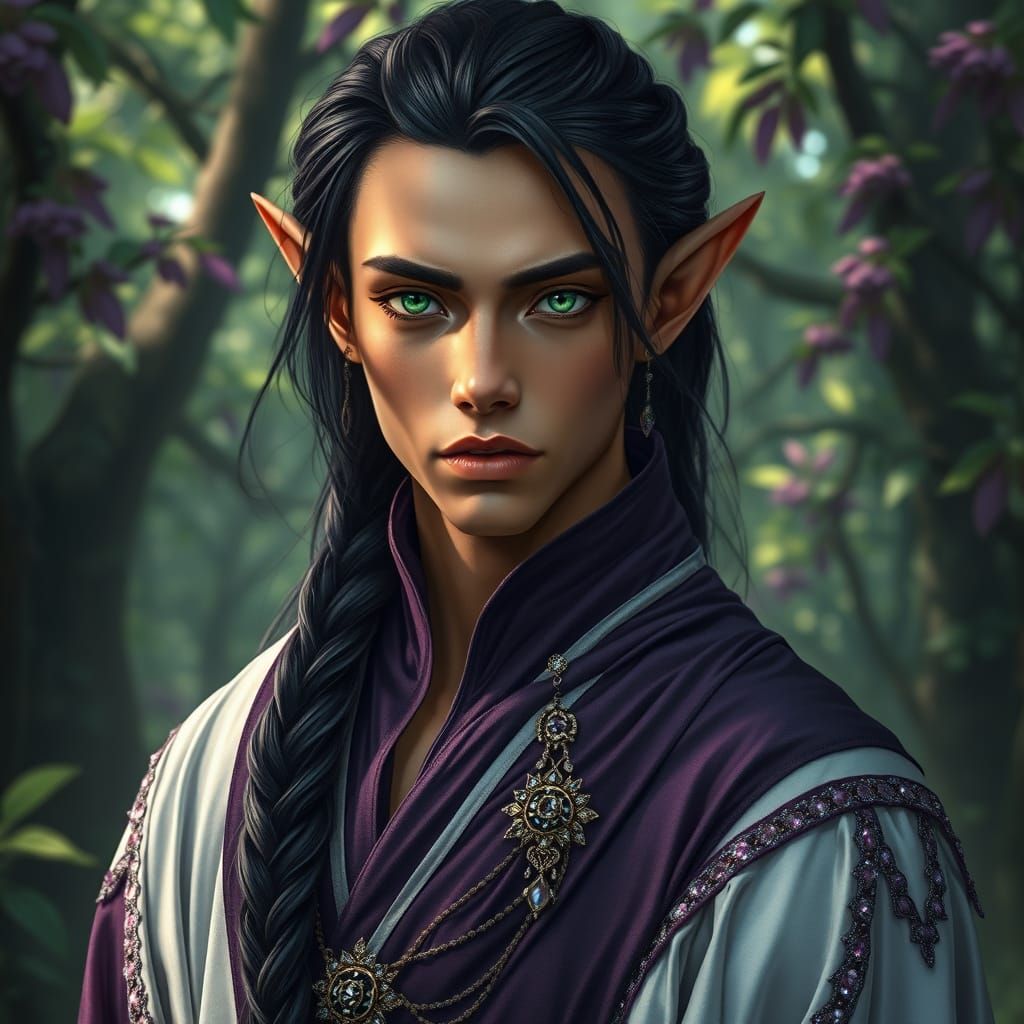 Majestic Male Elf Forest Witch in Hyper-Realistic Fantasy Po...