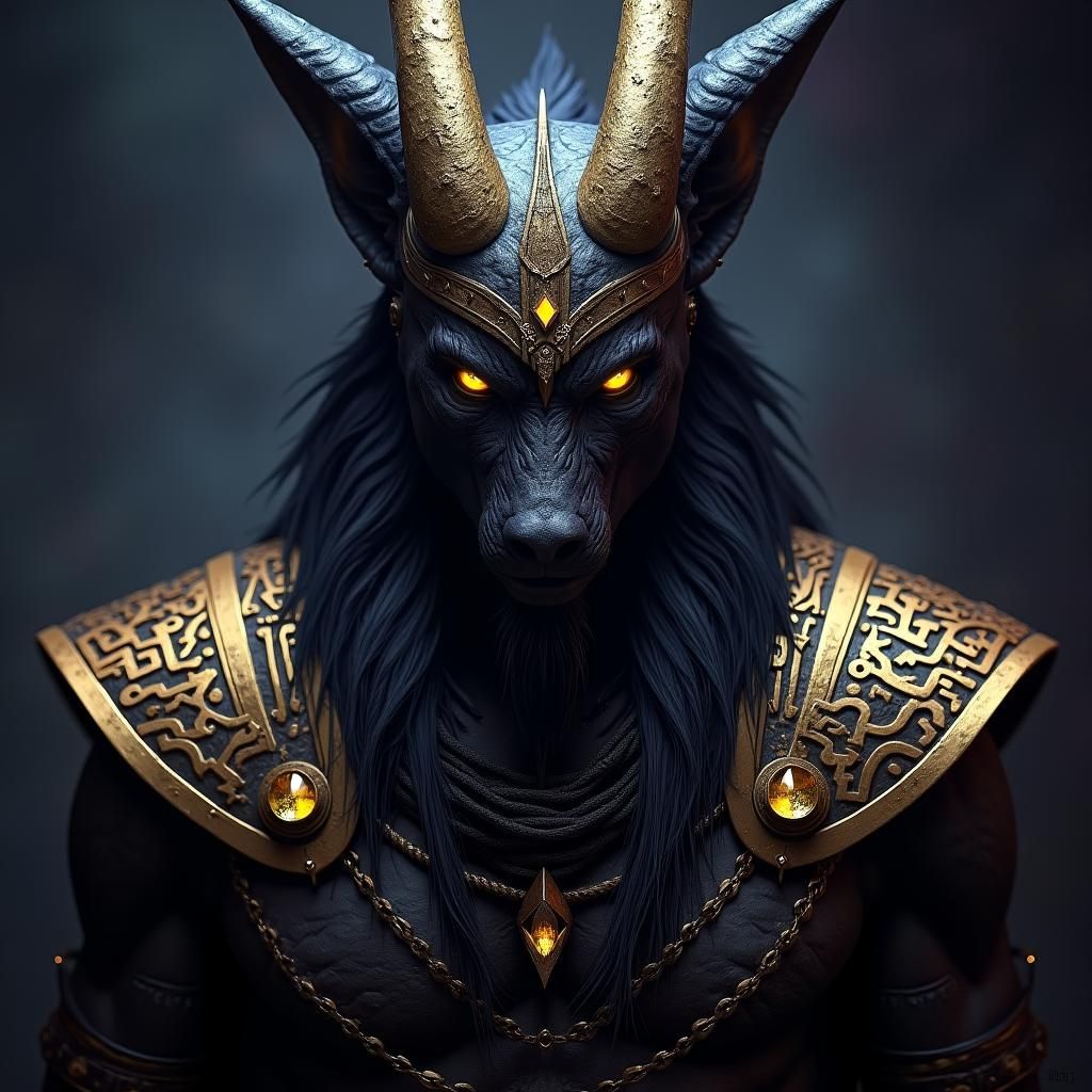Menacing Anubis Portrait in Photorealistic Oil Painting Styl...