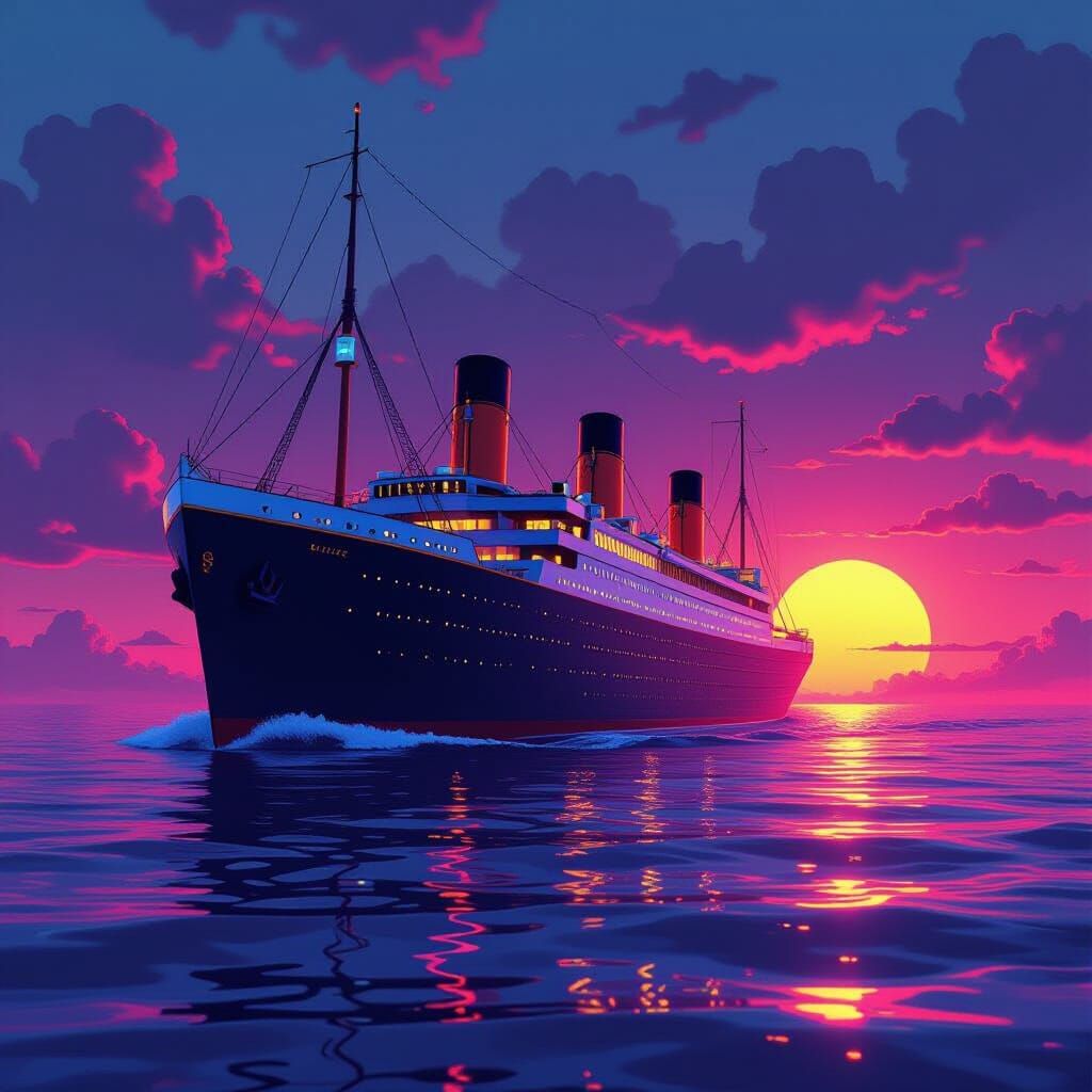 Retro 80s Vaporwave Titanic Sunset Poster