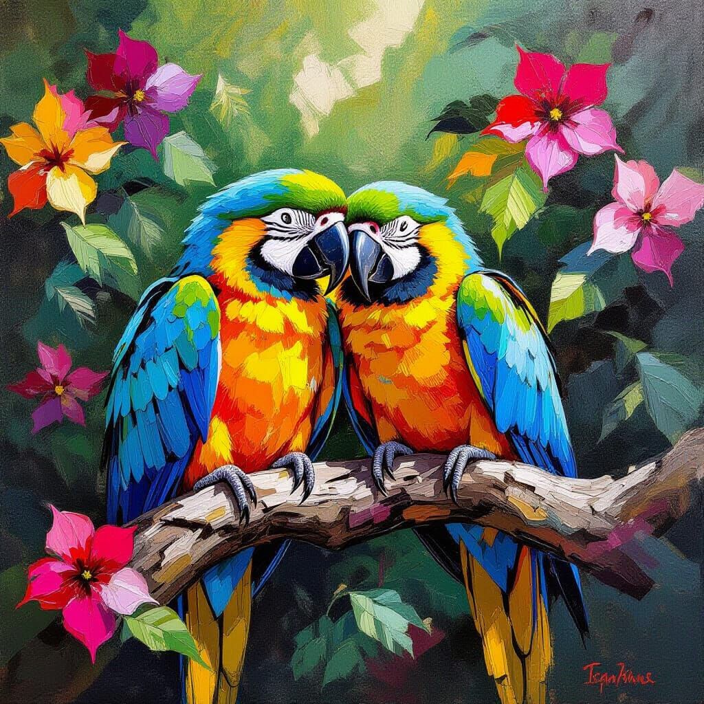 Vibrant Macaws Sleeping in Tropical Flowers, Impasto Style
