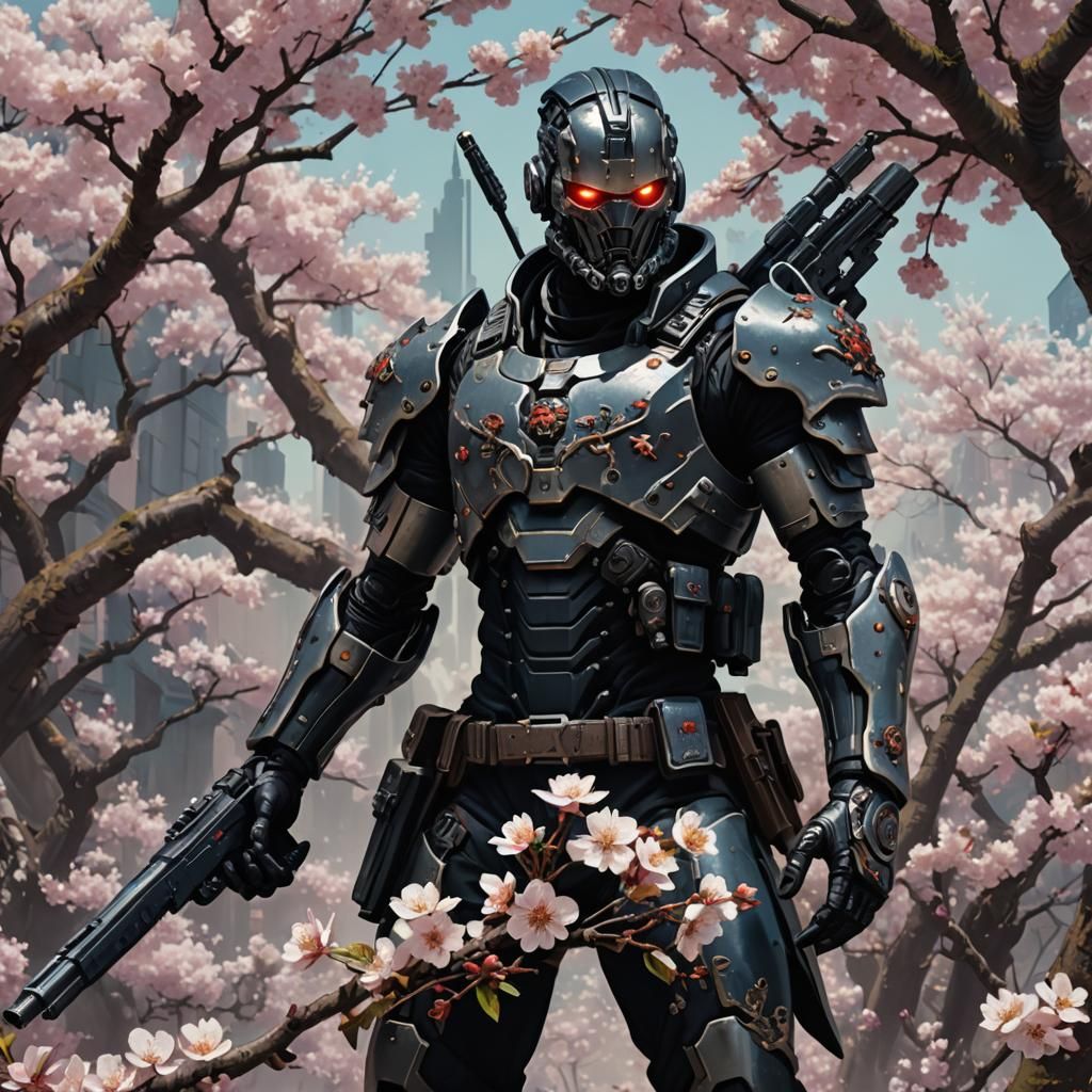 Cybernetic Mercenary Under Cherry Blossoms: Dark Fantasy Art