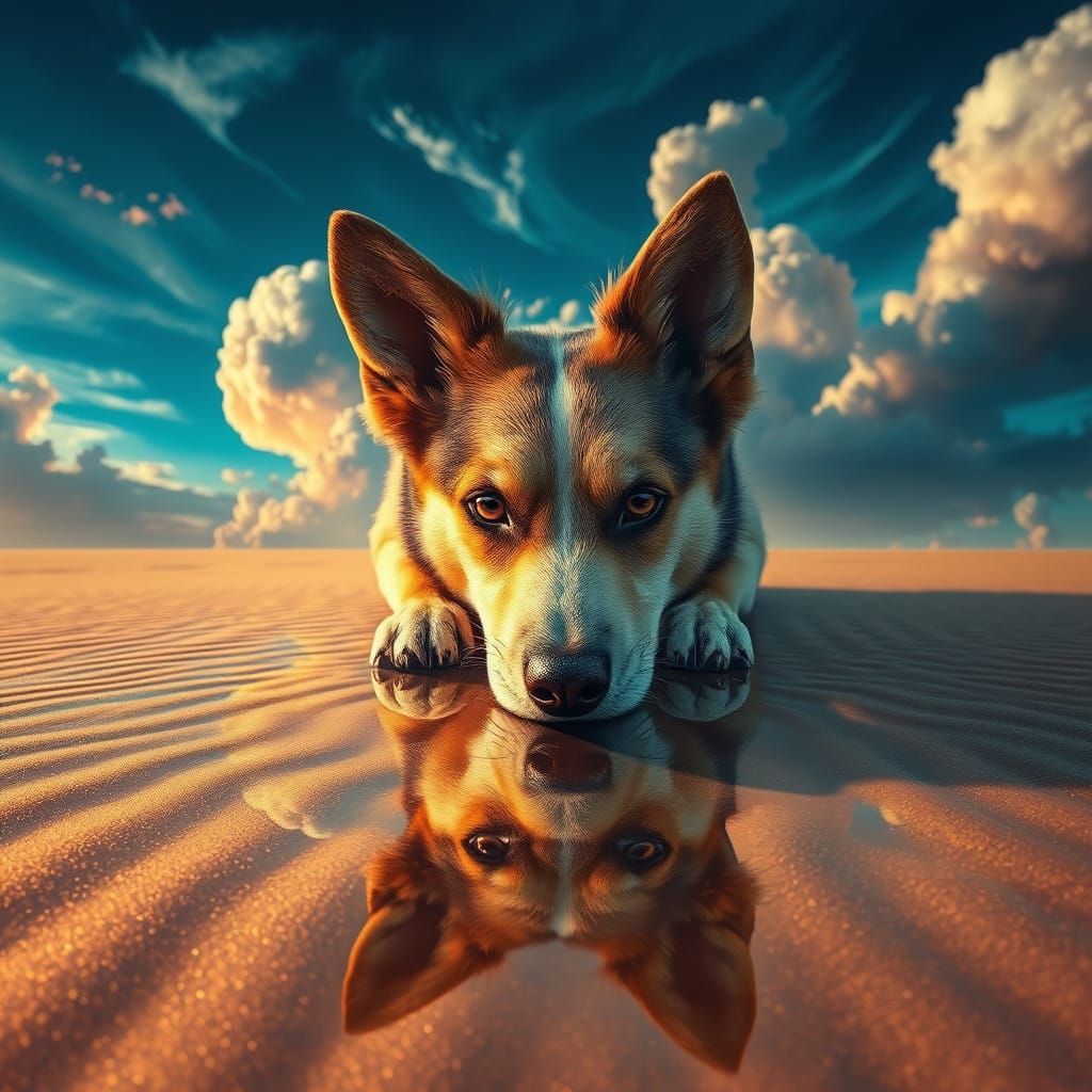 Majestic Dog's Reflection on Golden Sand in Dreamlike Landsc...