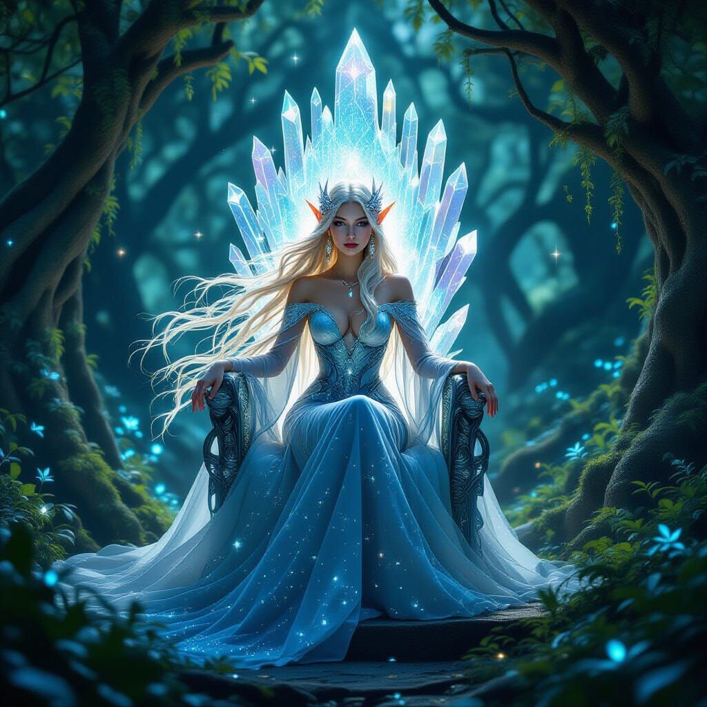 Celestial Elf Princess on Crystal Throne in Art Nouveau Styl...