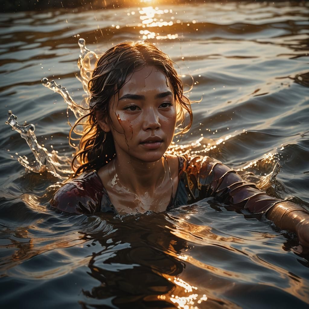 Hyperrealistic Figure Immersed in Water with Golden Light