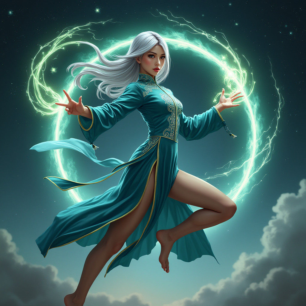Celestial Woman with Green Magic in Matte Painting Style