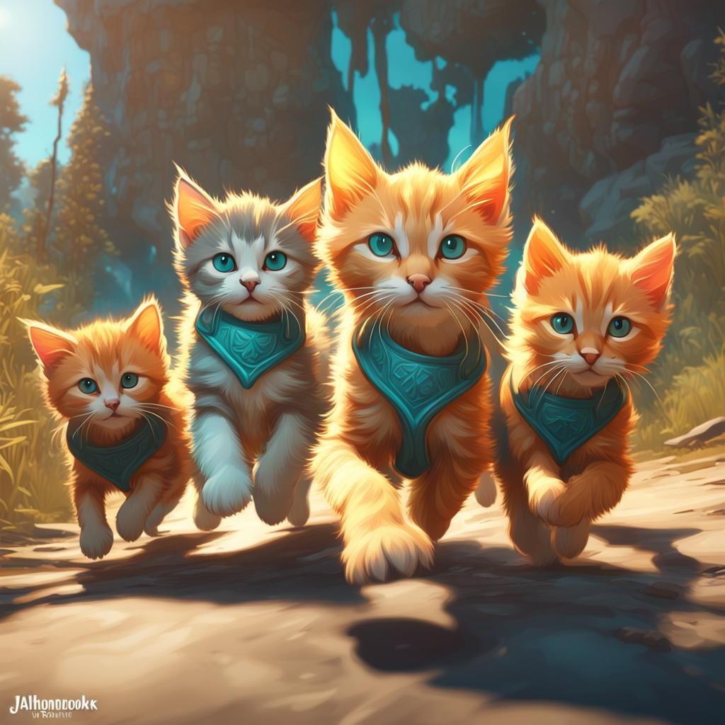 Kittens and Puppies Running in Golden Park