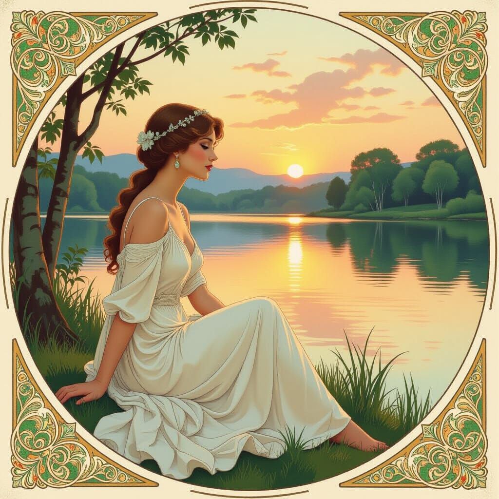 Serene Woman by Lake in Art Nouveau Style