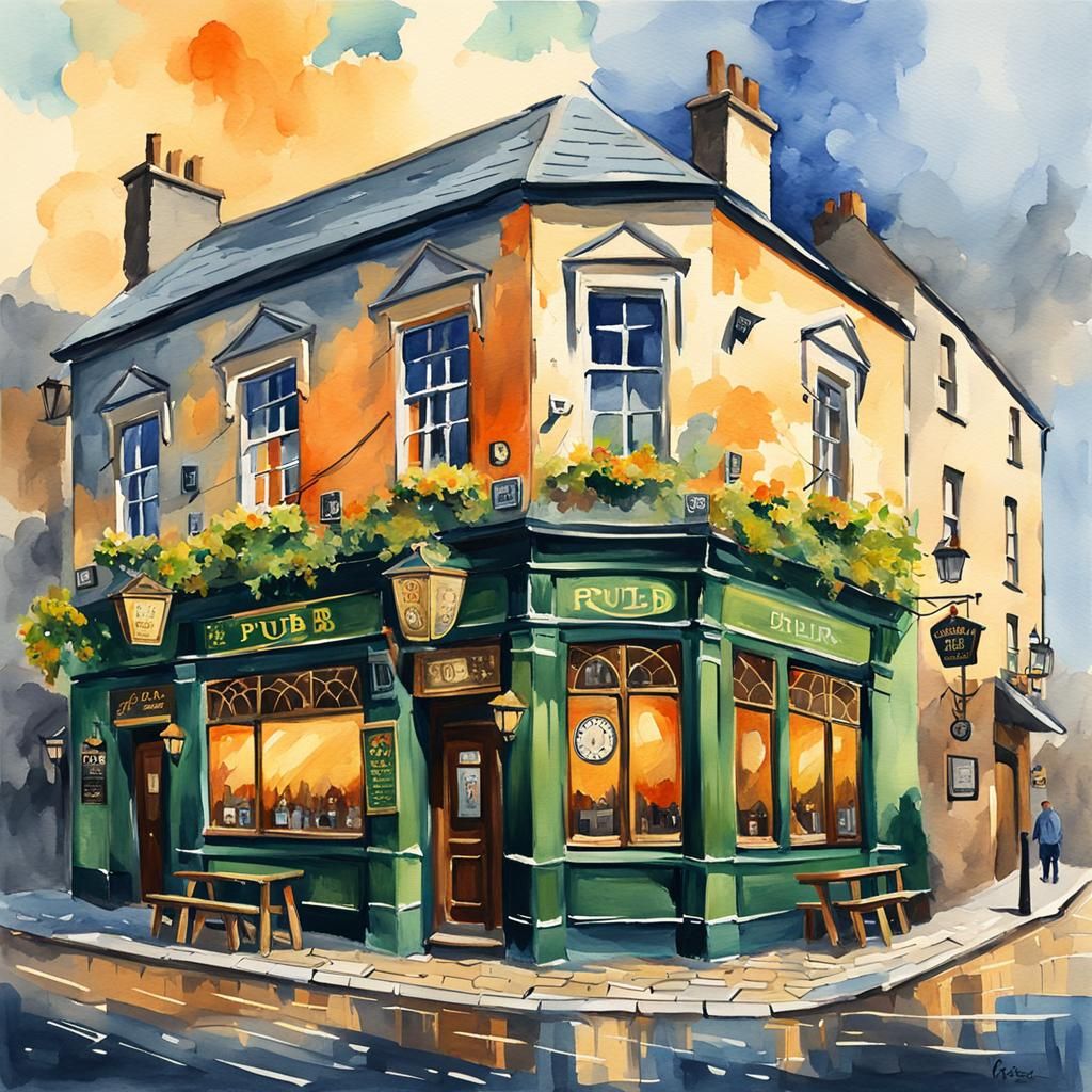 Irish Pub in Gouache and Watercolor Style