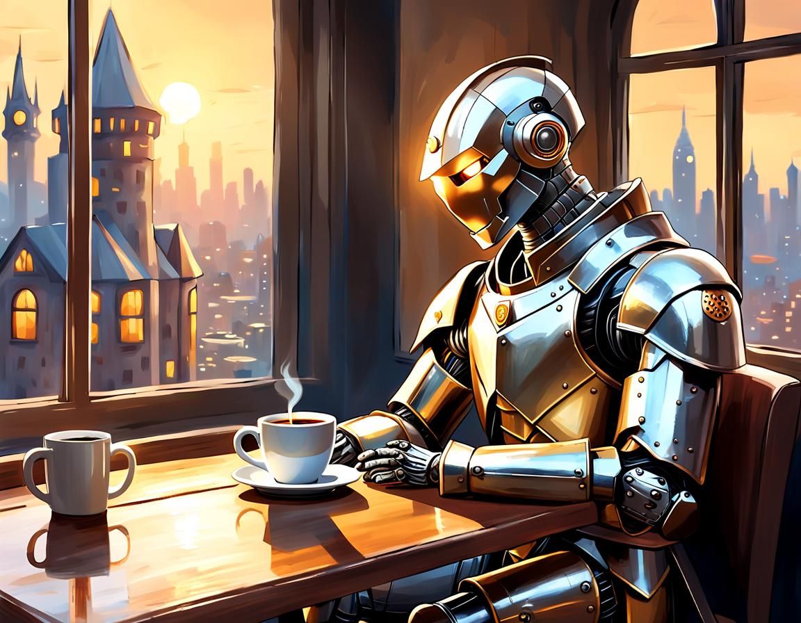Pensive Robot Knight at Cafe, Digital Art