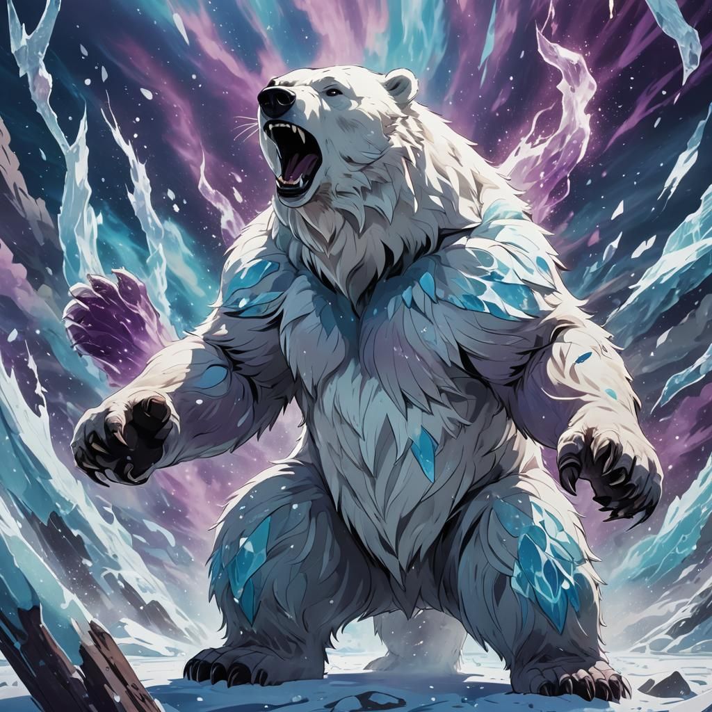Furious Polar Werebear Casting Wind Magic in Anime Style