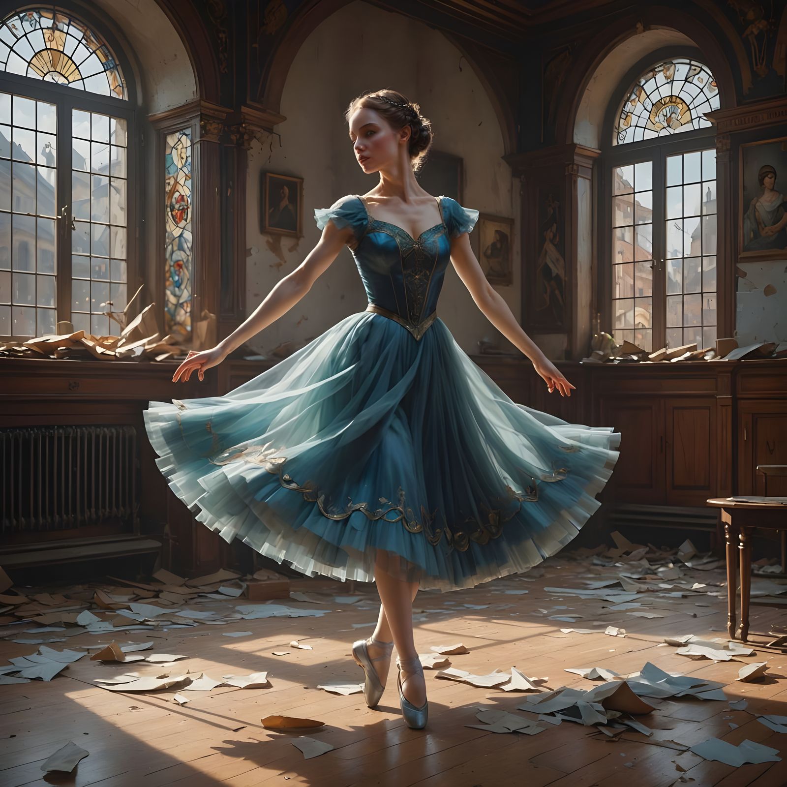 Balerina Dancing on Broken Stage in Torn Clothes