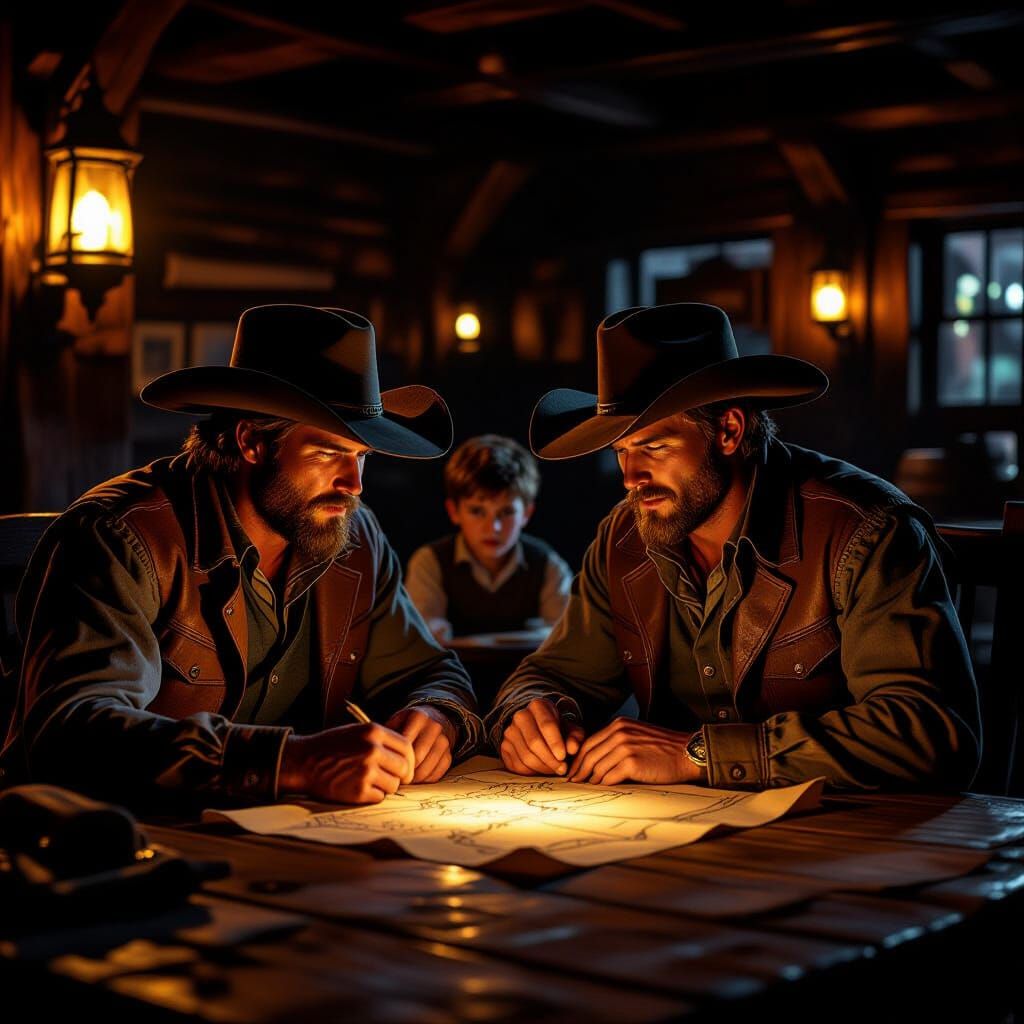 Cowboys Discuss Treasure Map in Shadowy Tavern
