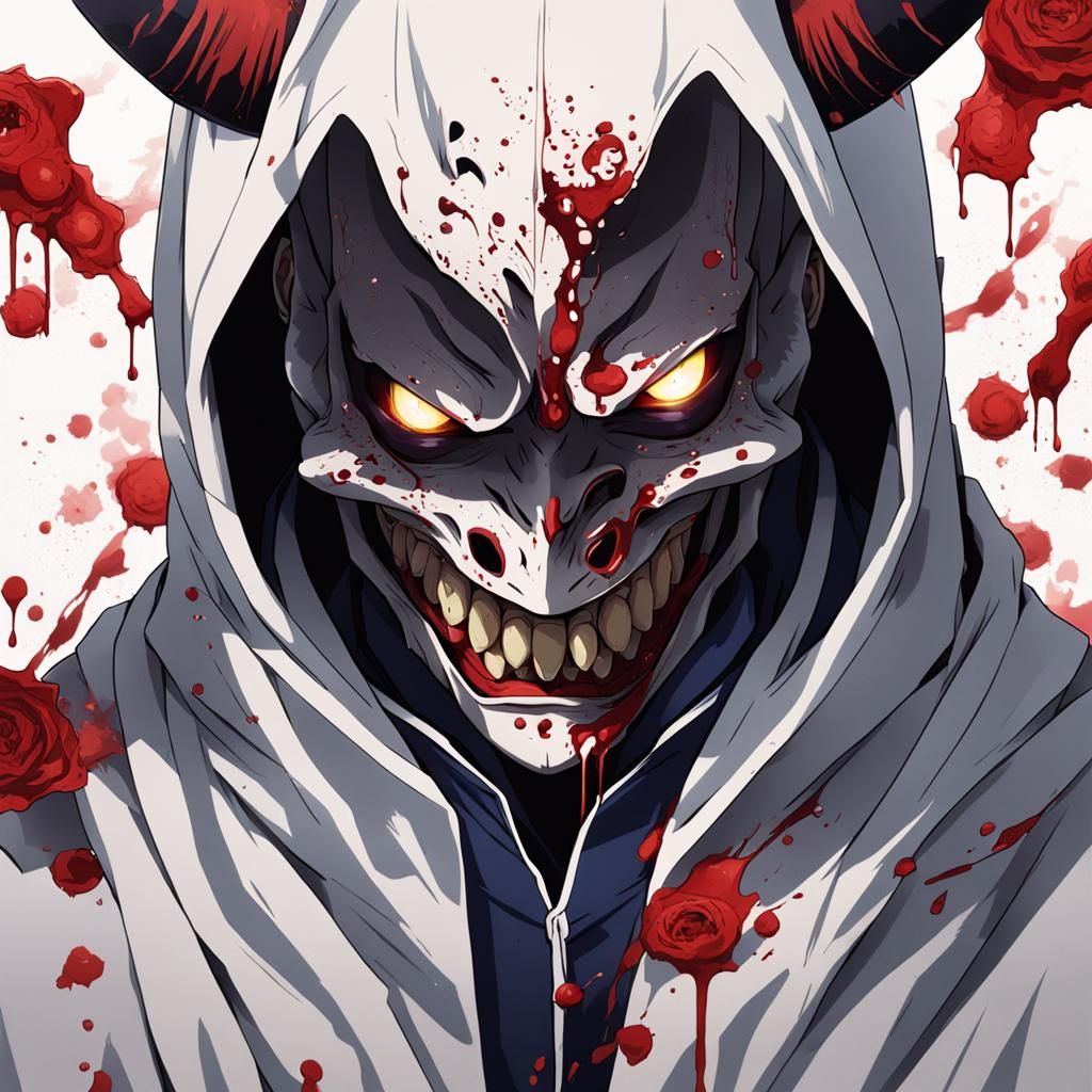 Cloaked Figure in Hannya Mask Bleeding, Anime Style