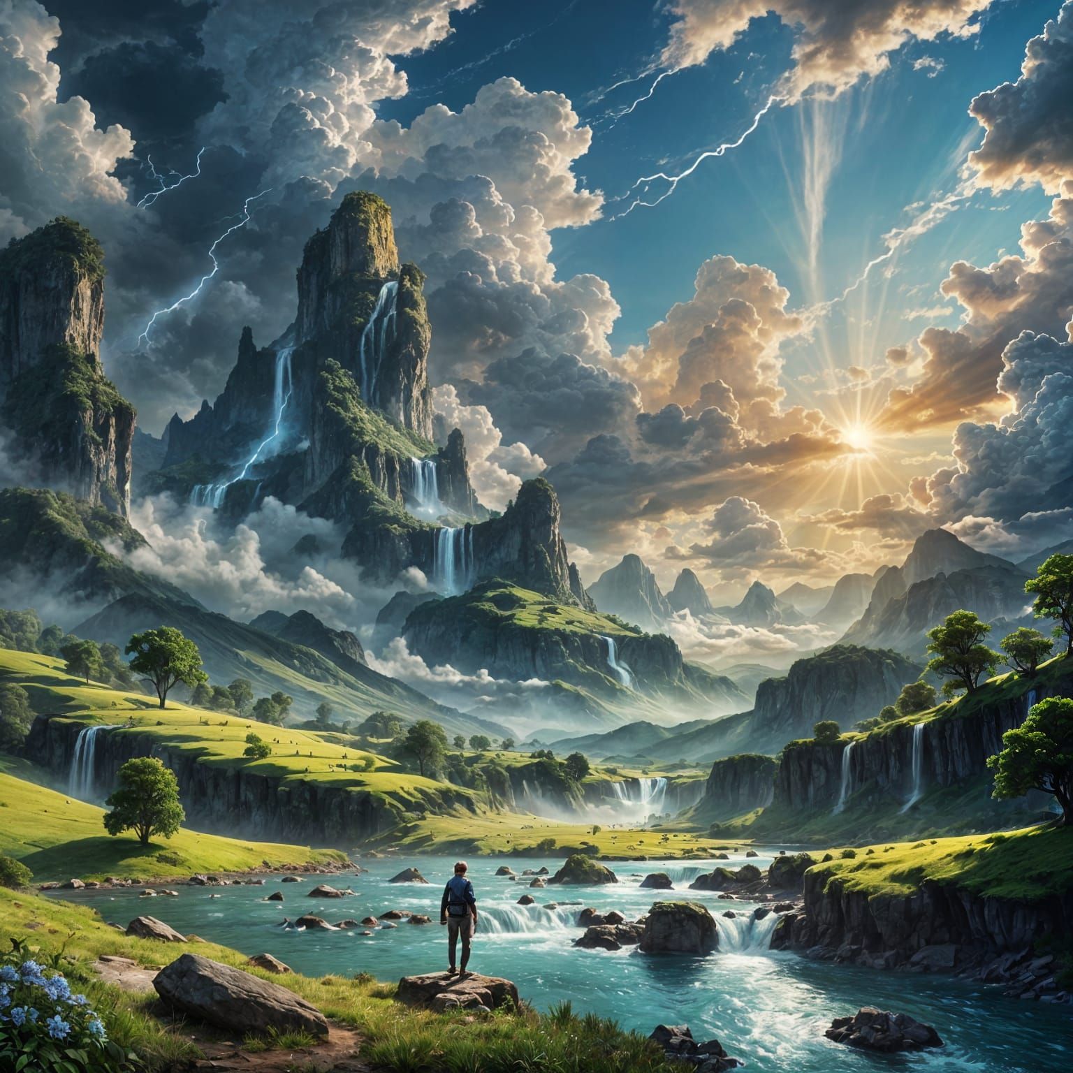 Stylized Paradise Valley With Storms and Blue Clouds